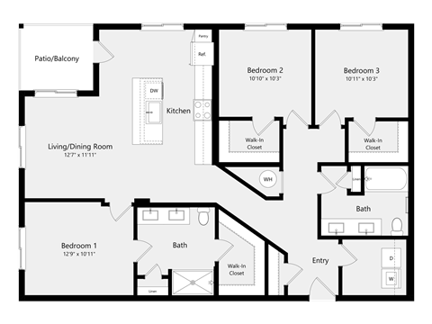 Floor plan for 3 beds, 2 baths, 1395 sqft